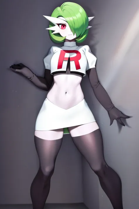 masterpiece, best_quality, 1girl, solo, gardevoir, creatures (company), game freak, nintendo, pokemon, pokemon (game), bangs, colored skin, female focus, gen 3 pokemon, green hair, green skin, hair over one eye, multicolored skin, pokemon (creature), red e...