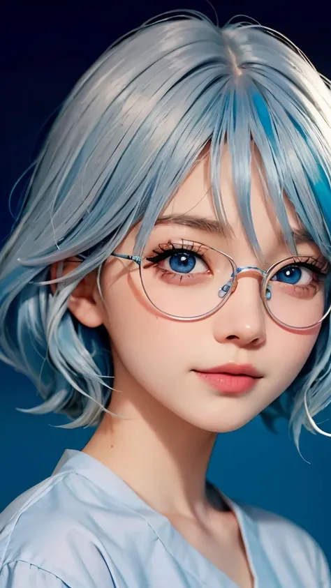 a close up of a person with blue hair and a white shirt, real life anime girls, Cute and natural anime face, Urzan, blue skin, beautiful blue-haired girl, Pretty girl with blue hair, blue eyes，Wear pink glasses（focus），bright smile，Realistic young anime gir...