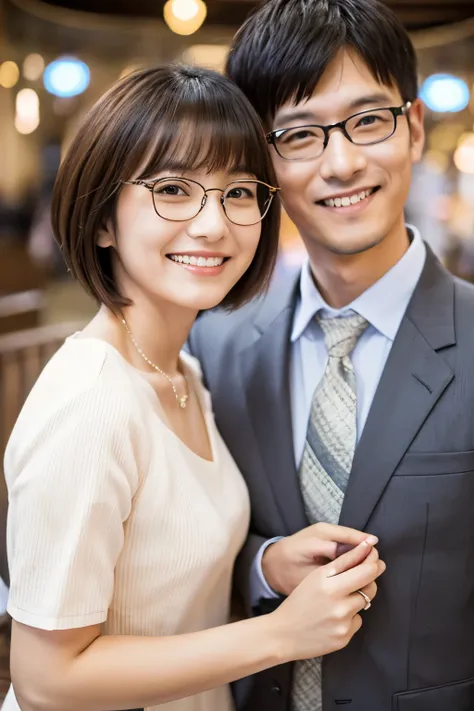 have a marriage registration、Commemorative photo、Japanese、32 year old male female couple、smile、short hair、glasses、City Hall