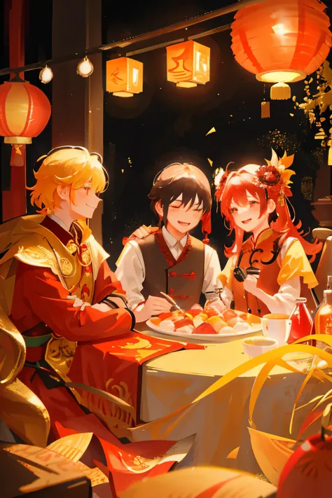 In the joyous scene of the Chinese New Year, a harmonious family gathers together, filled with love and warmth. The entire room is adorned with auspicious decorations and vibrant colors, creating an atmosphere of excitement and anticipation. Red lanterns a...