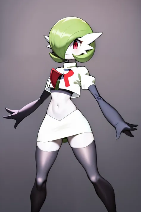 masterpiece, best_quality, 1girl, solo, gardevoir, creatures (company), game freak, nintendo, pokemon, pokemon (game), bangs, colored skin, female focus, gen 3 pokemon, green hair, green skin, hair over one eye, multicolored skin, pokemon (creature), red e...