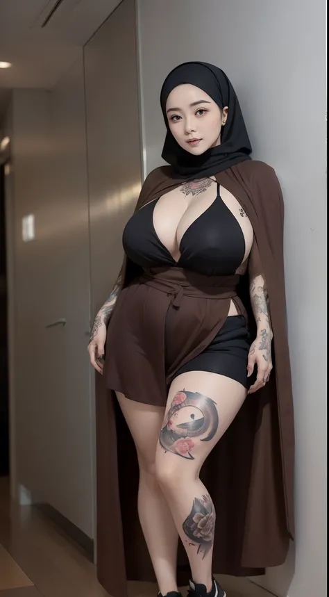 woman in brown dress and shorts hairstyle Leaning against the wall of the dark room, wearing brown clothes and cape, hijab outfit, with a long brown cape, hijab fashion model, plus size, plus size woman, wearing brown robe, woman in brown robes, beautiful ...