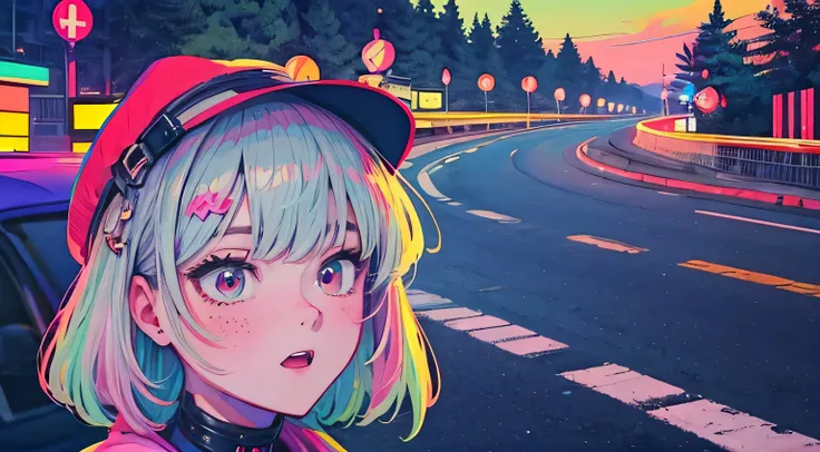 best quality, 4K wallpaper, masterpiece, extremely detailed CG unity 8k wallpaper, extremely detailed eyes, ultra-detailed, intricate details, face close up 1 happy girl in center, "no hand" retro art style, neon_pop art style, public, highway road, lake, ...