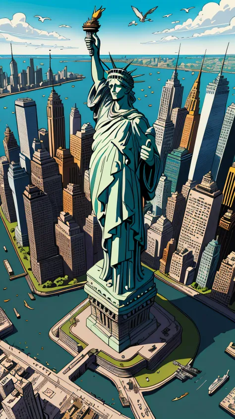 Chaotic and maximalist Statue of Liberty in New York, aerial view and flying gastlis, ilustrado por herg, news, estilo de quadrinhos de caneta e tinta