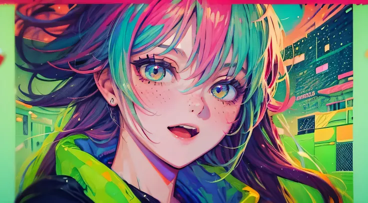 best quality, 4K wallpaper, masterpiece, extremely detailed CG unity 8k wallpaper, extremely detailed eyes, ultra-detailed, intricate details, face close up 1 happy smile shy girl in center, "no hand" retro art style, neon_pop art style, public, highway ro...