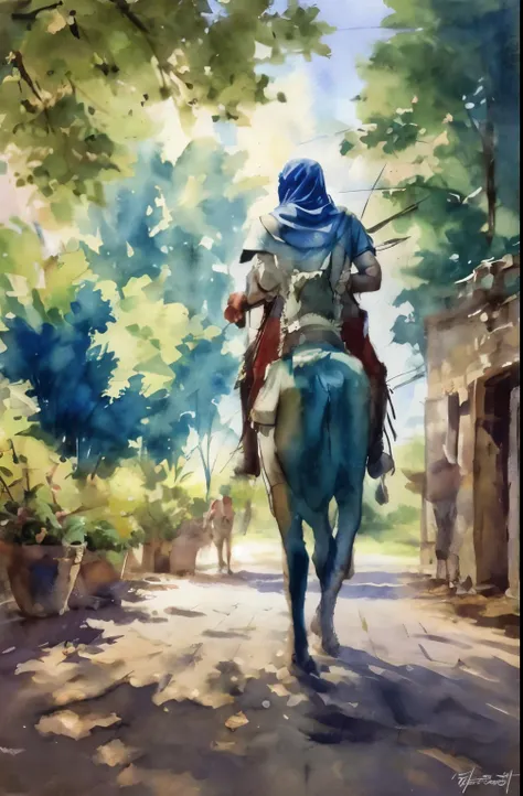 Watercolor painting, arabic archer, full armor, trees, bright sun, shade,