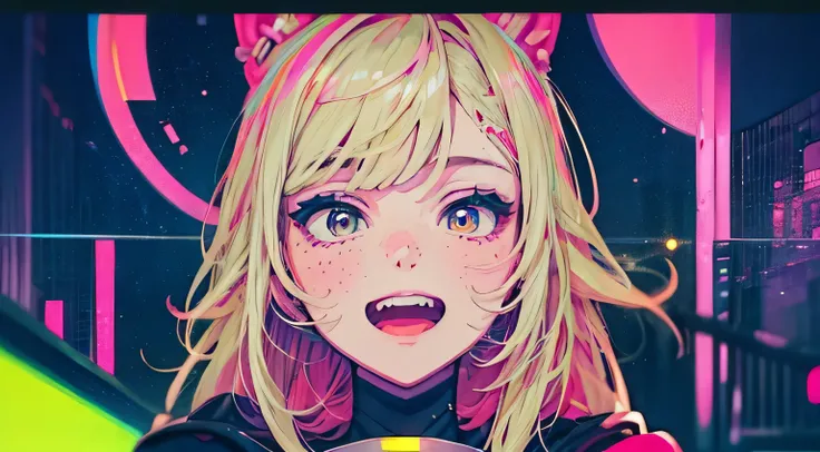 best quality, 4K wallpaper, masterpiece, extremely detailed CG unity 8k wallpaper, extremely detailed eyes, ultra-detailed, intricate details, face close up 1 happy smile shy girl in center, "no hand" retro art style, neon_pop art style, public, highway ro...