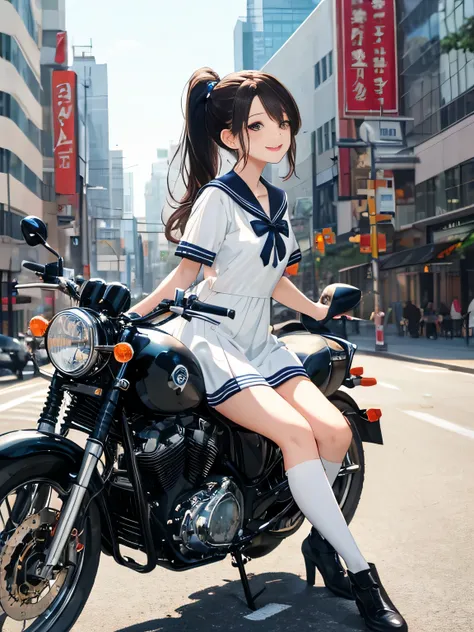 highest quality、detailed background、beautiful and detailed face、beautiful and smooth skin、Cute beautiful Iful Girl、Cute character wearing a sailor suit、
The costume is an elegant dress with a sailor collar and ribbon..、white knee high socks、Cute Ponytail、
...