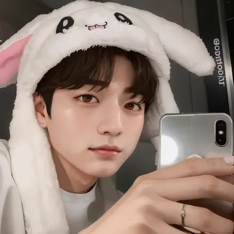 araffe wearing a white bunny hat taking a selfie, jungkook, pale korean adorable face, cai xukun, foto de perfil en la cabeza, TaeJune Kim, Jung Jaehyun, kim doyoung, Jinyoung Shin, with long, floppy rabbit ears, con orejas de conejo, sakimichan, hyung tae...