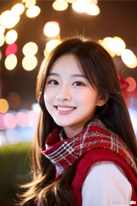 （reality：1.5），（perfect quality1.2），perfect face，reality风景，new year elements，long hair，Red top，Smile，new year style scarf，Sweet makeup