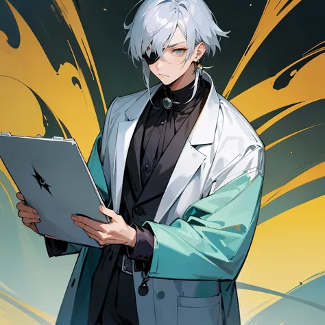 masterpiece, best quality, best quality, detailed, focus, anime style, anime boy, silver hair, yellow eye & black eyepatch, aquamarine earrings, black lab coat, holding a clipboard, side-eye