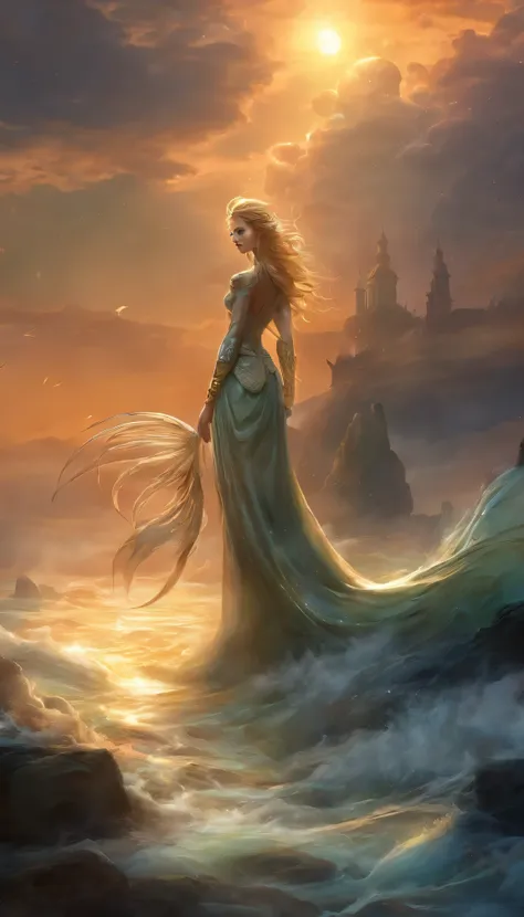 （Anthropomorphism is a mermaid with many tails：1.5）, Fox, mermaids, Beautiful, magical, mysterious, Epic scenes, Scenes, Rembrandt in stormy style sky, Misty, the sunset, Dramatic lighting, Light, Amount of light, diffuse light, wide angles, illusory engin...