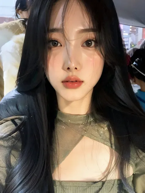 um close up de uma mulher com longos cabelos pretos e uma camisola, cruel korean goth girl,  coreana, adorable and pale korean f...