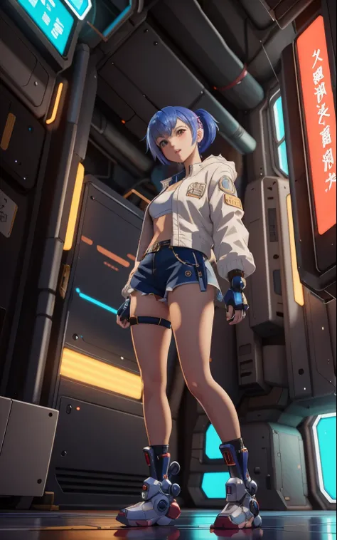 Anime girl in short shorts and jacket standing next to a giant robot, artwork in the style of Gweiz, cyberpunk anime girl mecha, trending on cgstation, Gweiz, Written by Russell Dongjun Lu, digital cyberpunk anime art, lost run 8k, Gweiz on artstation pixi...