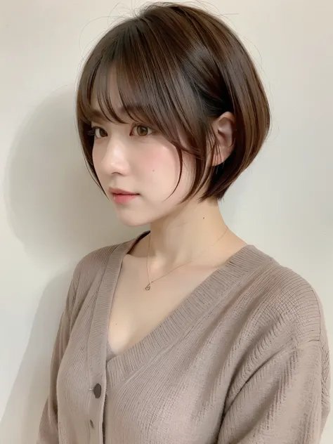 ((highest quality, 8K, masterpiece :1.3)), 1 girl, (medium short hair :1.2), pastel cardigan :1.1, Angle from above、super detailed face, fine eyes,(Highly realistic photos, High resolution, detailed face, fine eyes), Taken in front of a white wall、japanese...