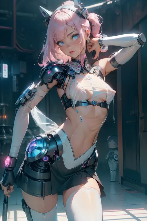 (quality)), ((masterpiece)), Recommended results、Puffy nipples、(see through:1.5)、straighten your back、abdominal muscles、huge bust、angle to floor:1.2、low camera angle、Hair loss on crotch，Hatsune Miku，(cyborg girl),(cyborg girl:1.5),maid android,((1 girl)),(...