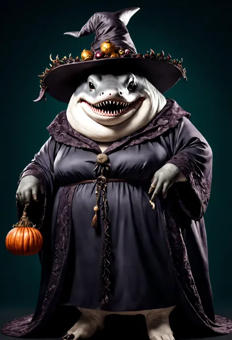 photorealistic portrait of Dressed animals - a ((fat)) shark witch,(elegant pose), high quality,(lovely) ,intricate details, highly detailed ((witch robe and hat)) ,,highly detailed decorations, , (creepy), studio lighting,(full body image:1.5)