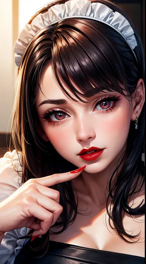 Woman, 30 years, adult, sexy maid, nigth, soft ligth, red lips, face detail, close up, fingers  --style realistic-imagine -