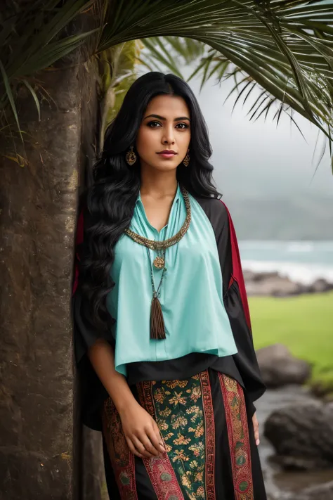 In the heart of Honolulu, Hawaii, under the ominous sky of a stormy day, a woman from Yemen poses before the majestic 63 Kaumakapili Church. Dressed in traditional attire, the rich fabric of her clothes blends seamlessly with the earthy tones of the image:...