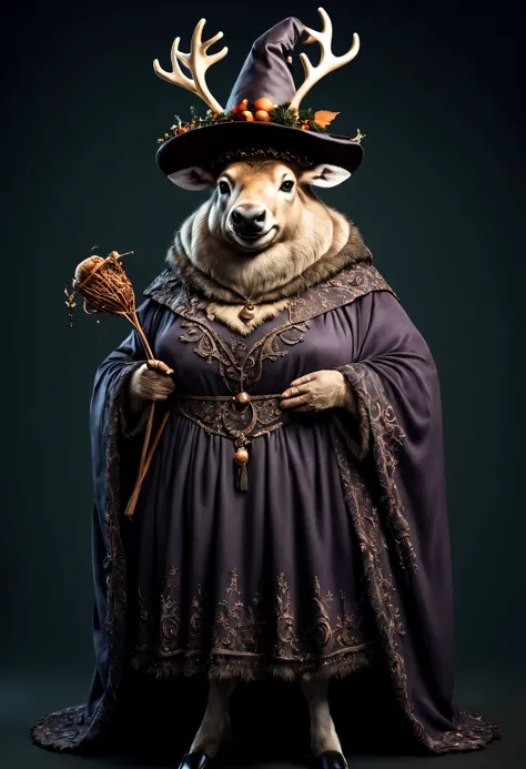 photorealistic portrait of Dressed animals - a ((fat)) reindeer witch,(elegant pose), high quality,(lovely) ,intricate details, highly detailed ((witch robe and hat)) ,,highly detailed decorations, , (creepy), studio lighting,(full body image:1.5)