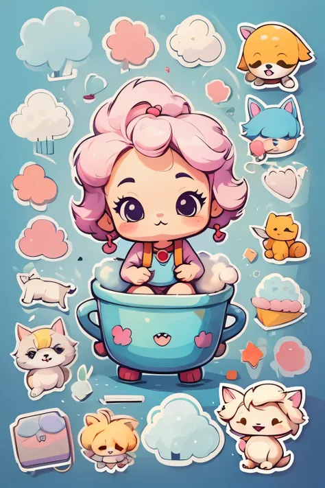 a sticker，many character, little dog, Maltese, cotton candy, simple backgound，Cartoon Cute，funny style, chibi style, high detailed, highest quality, masterpiece, 