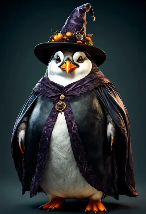 photorealistic portrait of Dressed animals - a ((fat)) penguin witch,(elegant pose), high quality,(lovely) ,intricate details, highly detailed ((witch robe and hat)) ,,highly detailed decorations, , (creepy), studio lighting,(full body image:1.5)