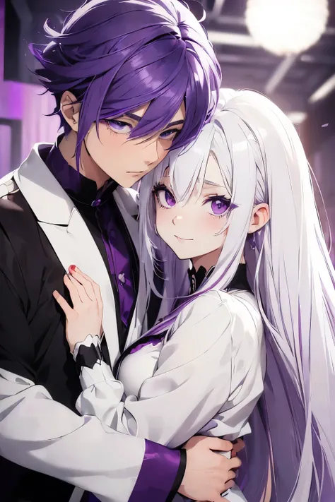 (((Anime Girl with White Hair, Pale White Hair))) and (((Anime Boy with Purple-Colored Hair, Dark Purple Hair))), Wedding Booth Background, With Each Other, Clingy, Close, Hugging, Loveable, Happy Expression, Close-up Portrait, Two People, Standing Positio...