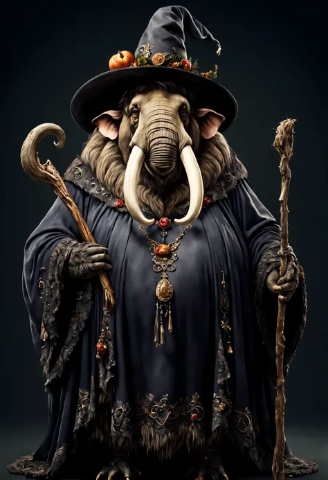 photorealistic portrait of Dressed animals - a ((fat)) mammoth witch,(elegant pose), high quality,(lovely) ,intricate details, highly detailed ((witch robe and hat)) ,,highly detailed decorations, , (creepy), studio lighting,(full body image:1.5)