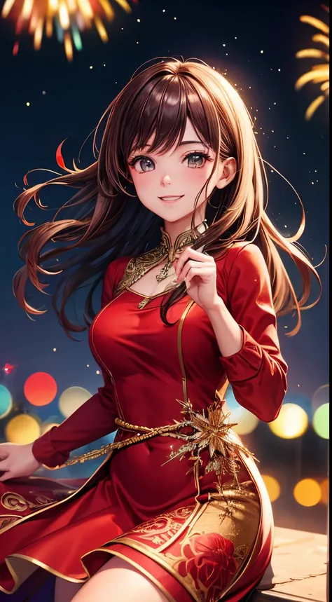 Full HD, Super details, high quality, Loved it, Bokeh, Miss, 30 years, king of stoke, red midi dress, cosmetic, night, fireworks lights, Smile, lens flare