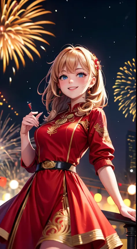 Full HD, Super details, high quality, Loved it, Bokeh, Miss, 30 years, king of stoke, red midi dress, cosmetic, night, fireworks lights, Smile, lens flare