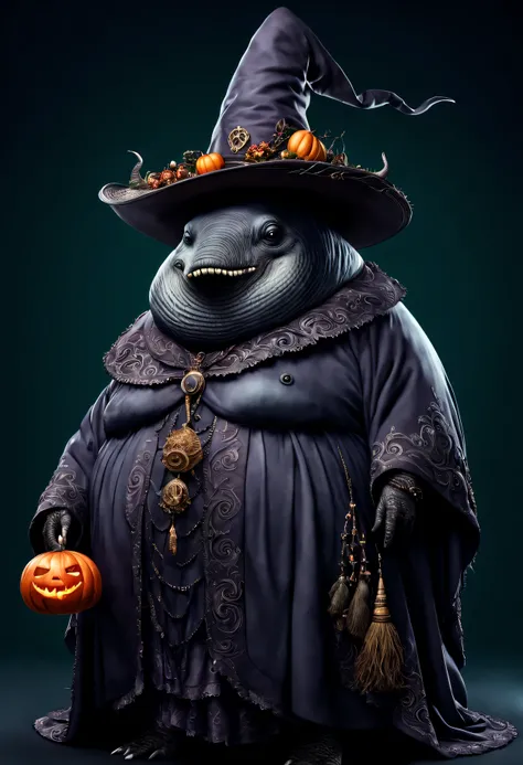 photorealistic portrait of Dressed animals - a ((fat)) whale witch,(elegant pose), high quality,(lovely) ,intricate details, highly detailed ((witch robe and hat)) ,,highly detailed decorations, , (creepy), studio lighting,(full body image:1.5)