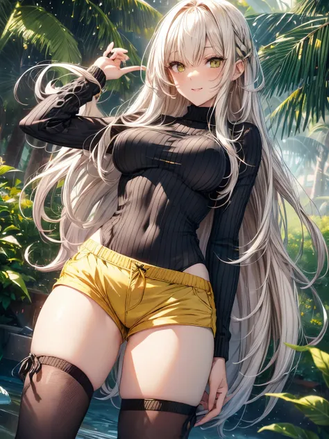 highest quality、All limbs、full finger、((one beautiful woman))、Beautiful busty woman、(((straight hair woman:1.3)))、long hair、((Women with blonde hair)))、big smile、(((Black knitted leotard:1.3)))、(((yellow super shorts:1.5)))、garden、squirt、hands on hips