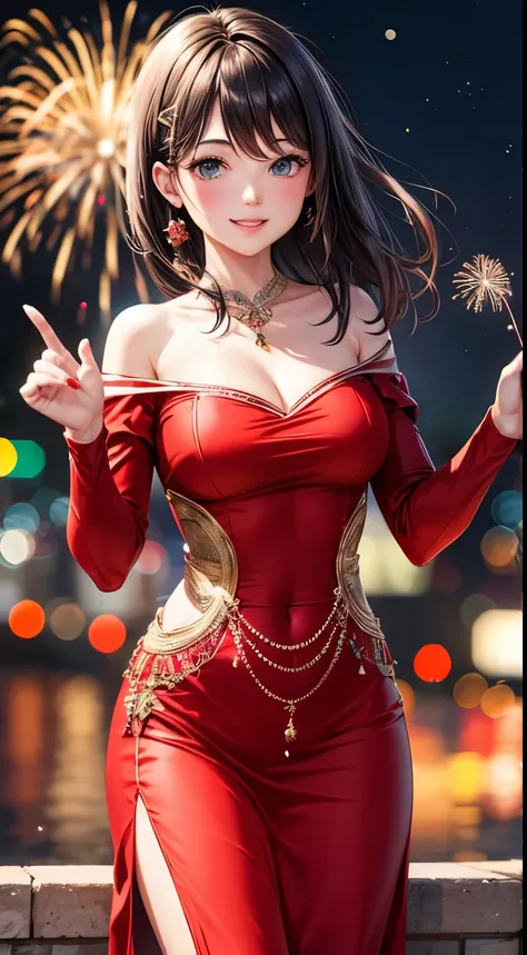 Full HD, Super details, high quality, Loved it, Bokeh, Miss, 30 years, king of stoke, red midi dress, cosmetic, night, fireworks lights, Smile, lens flare