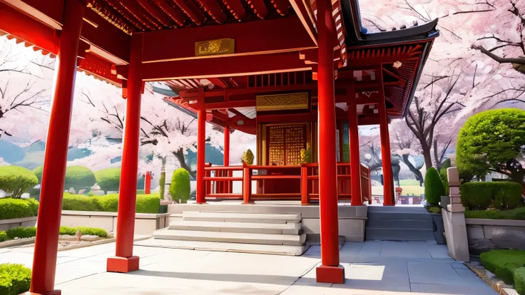 Beautiful temple scene, Image of beautiful Asian pagoda bamboo bushes in spring, spring, cherry blossoms, 16:9 ratio image,  main color is red, [[ temple goers ]], Old men and women go to temples and worship Buddha
