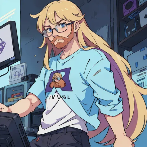 (((masterpiece))),(((best quality))), isolated character, one character, illustration, 1 boy, gamer, anime boy, nerd, square glasses, long hair, straight long hair, light blonde hair undercutted in the sides, light blue eyes, black casual t-shirt, ginger b...