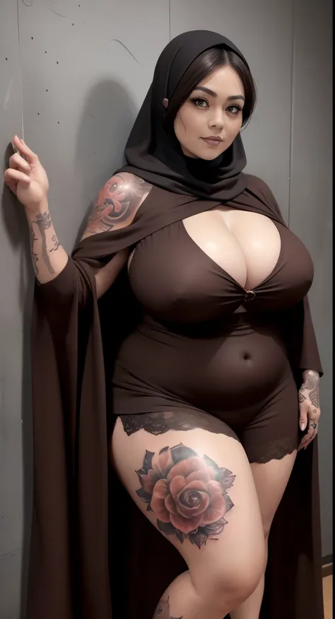 woman in brown dress and shorts hairstyle Leaning against the wall of the dark room, wearing brown clothes and cape, abaya outfit, with a long brown cape, cold fashion model, plus size, plus size woman, wearing brown robe, woman in brown robes, beautiful b...