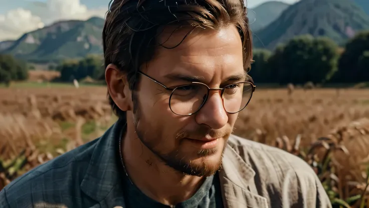 Qualidade excelente, Hiper-realista, close-up de um homem do interior rico, com cabelo curto, muito feliz, he is wearing clean clothes, Hes wearing glasses, the background image is a blurred field, cinematographic, 8k