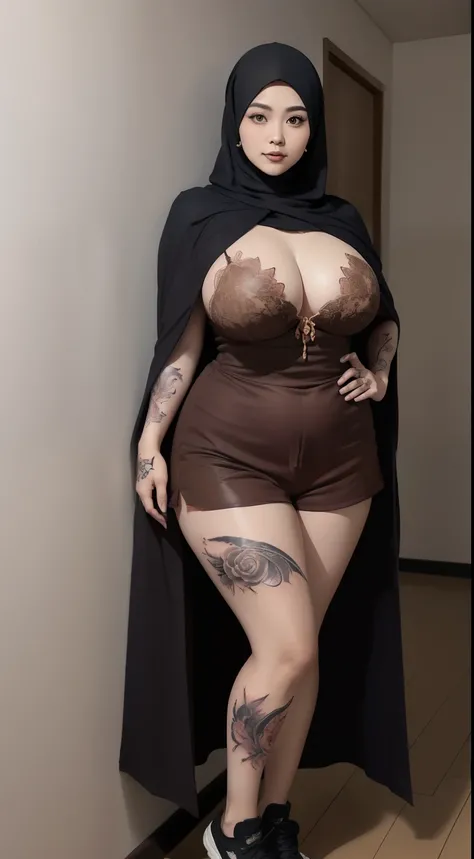 woman in brown dress and shorts hairstyle Leaning against the wall of the dark room, wearing brown clothes and cape, hijab outfit, with a long brown cape, hijab fashion model, plus size, plus size woman, wearing brown robe, woman in brown robes, beautiful ...