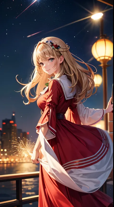 Full HD, Super details, high quality, Loved it, Bokeh, Miss, 30 years, king of stoke, red midi dress, cosmetic, night, fireworks lights, Smile, lens flare