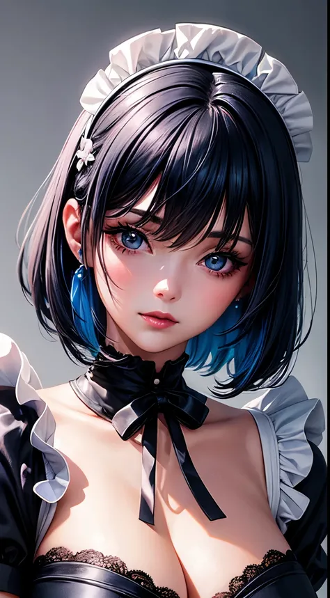 Woman, 30 years, adult, gradient blue hair, sexy maid black white clothes, nigth, soft ligth, pink lips, face detail, close-up, fingers --style realistic-imagine -