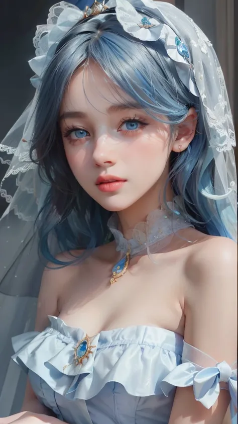 1 girl，Wearing veil and headscarf，Wearing a strapless lolita dress，Upper body, 8k high quality detailed art, Beautiful realistic portrait, Soft portrait shots 8K, Detailed portrait of the girl, Stunning facial portraits，Detailed clear beautiful face, Beaut...