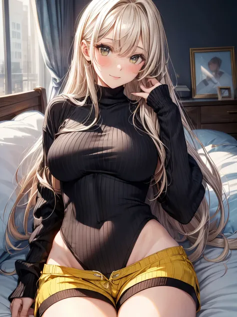 highest quality、All limbs、full finger、((one beautiful woman))、Beautiful busty woman、(((straight hair woman:1.3)))、long hair、((Women with blonde hair)))、big smile、(((Black knitted leotard:1.3)))、(((yellow super shorts:1.5)))、Bedroom、lie in bed