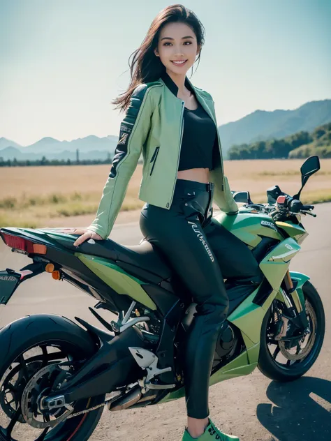 ((highest quality, 8k, masterpiece: 1.3)), sharp: 1.2, perfect body beauty: 1.4,(((woman on motorcycle))),slender body,((light g...