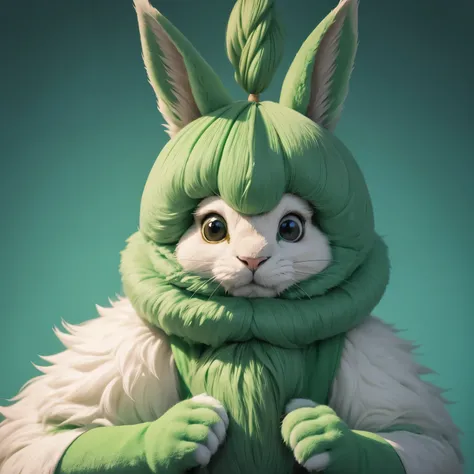 Furry total de un conejo de color verde, peludo, con cara malvada, mostrando su pene lleno de semen escurriendo