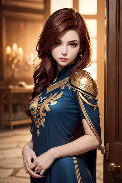 High quality fingers, mains normales, Detailed fingers, master piece, (Realstic, photo-realistic: 1.37), (femme de 22 ans), Katarina de League of Legends, poitrine moyenne,  taille, dark red hair, yeux bleus, beau visage, perfect  lighting, beautiful detai...