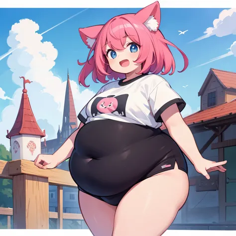 best quality, (kawaii:1.1), (cute), (high resolution:1.2), incredibly fine illustration BREAK ((1girl:1.1, fat )), (obese:1.2), ((T-shirt)), open mouth, [[hime_cut]], pink hair, ((small breasts)) BREAK sky, dynamic angle