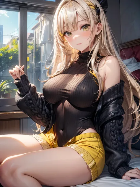 highest quality、All limbs、full finger、((one beautiful woman))、Beautiful busty woman、(((straight hair woman:1.3)))、long hair、((Women with blonde hair)))、big smile、(((Black knitted leotard:1.3)))、(((yellow super shorts:1.5)))、Bedroom、sit on the bed