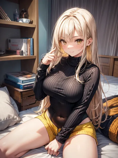 highest quality、All limbs、full finger、((one beautiful woman))、Beautiful busty woman、(((straight hair woman:1.3)))、long hair、((Women with blonde hair)))、big smile、(((Black knitted leotard:1.3)))、(((yellow super shorts:1.5)))、Bedroom、sit on the bed