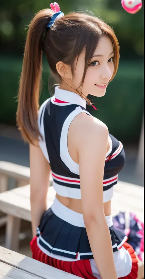 Pants visible from skirt, (japanese cheerleader:1.3), Close-up,  photograph, big breasts, (12 years old), young face, cute face, RAWphotograph, highest quality, High resolution, (table top), (photographrealistic:1.37), Professional photographgraphy, sharp ...