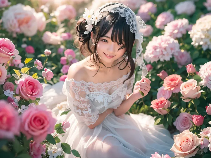 (Off-the-shoulder sheer white dress),  15 years old, cleavage, (japanese girl),  hair scrunchie, white skin, Japanese eyes, hair black hair, (smile), (look up), In a flower garden covered with roses, sunset, rays of light at dusk,  (master piece),  (low co...